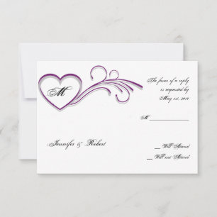 Purple Silver Heart Scroll Monogram Response Card