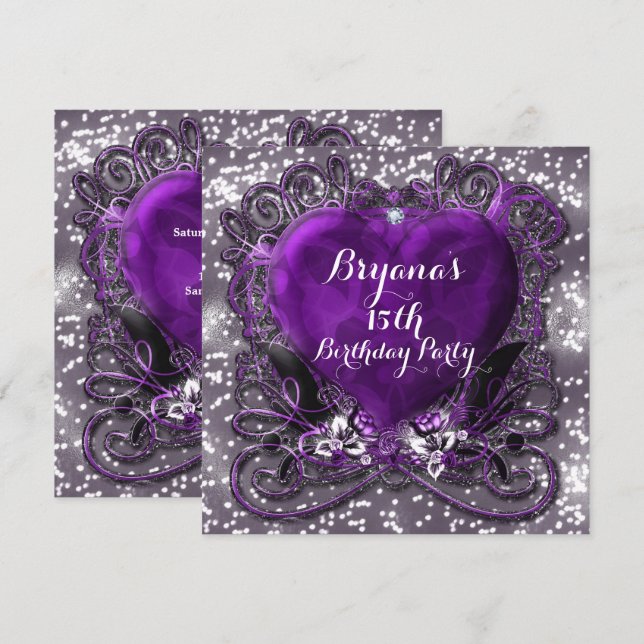 Purple & Silver Heart Sparkle Any Event Invitation (Front/Back)
