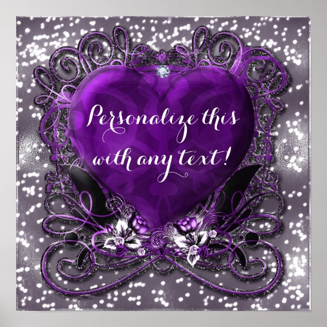 Purple & Silver Heart Sparkle Party Poster (Front)