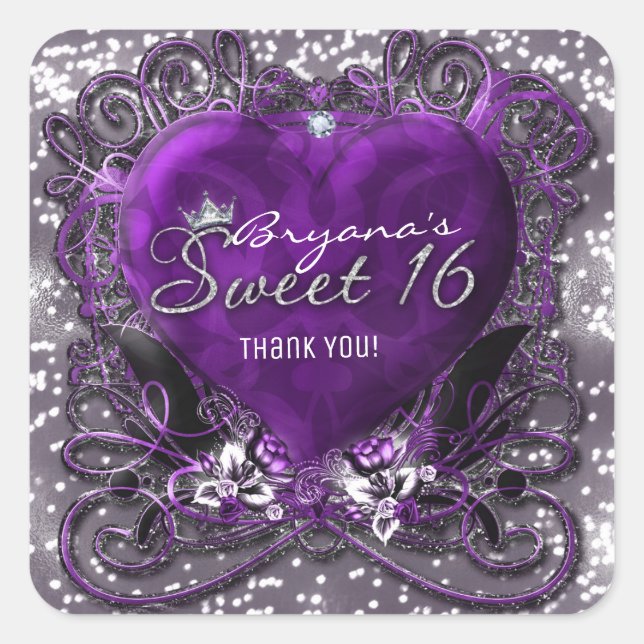 Purple & Silver Heart Sparkle Sweet 16 Party Favou Square Sticker (Front)