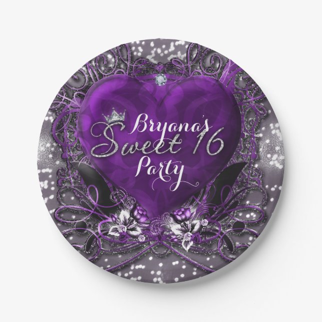 Purple & Silver Heart Sparkle Sweet 16 Party Paper Plate (Front)
