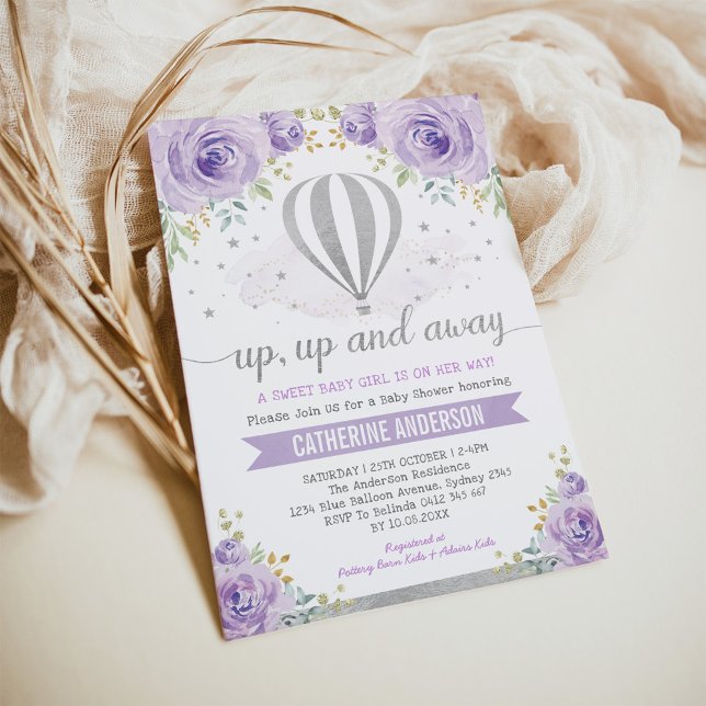 Purple Silver Hot Air Balloon Baby Shower Invitation (Creator Uploaded)