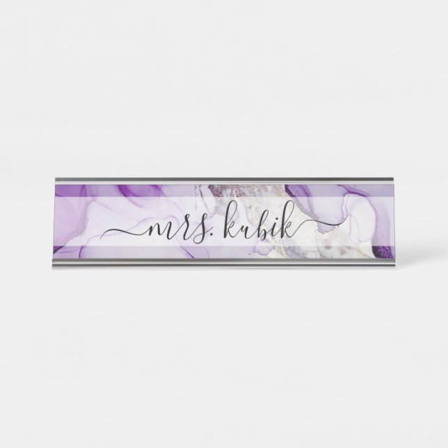 Purple & Silver Marble Personalize Desk Name Plate (Front)