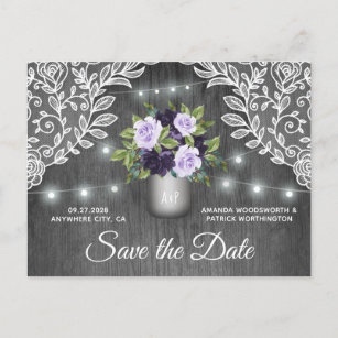 Purple Silver Mason Jar Wedding Save the Date Announcement Postcard
