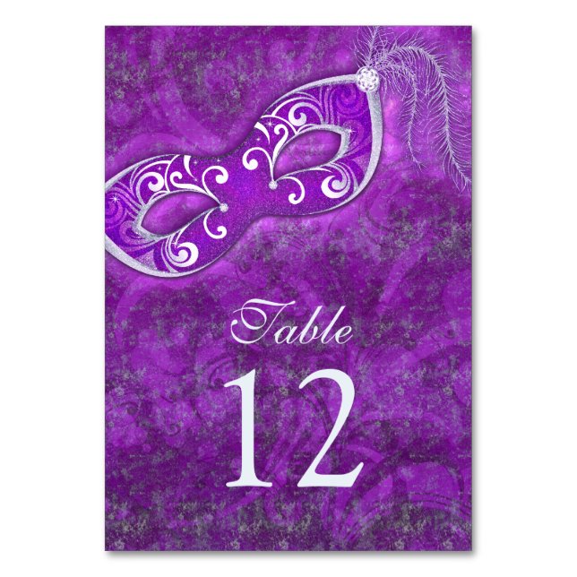 Purple Silver Masquerade Ball Mardi Gras Wedding Table Number (Front)