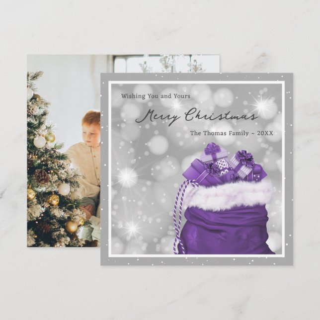 Purple Silver Modern Photo Merry Christmas Card (Front/Back)