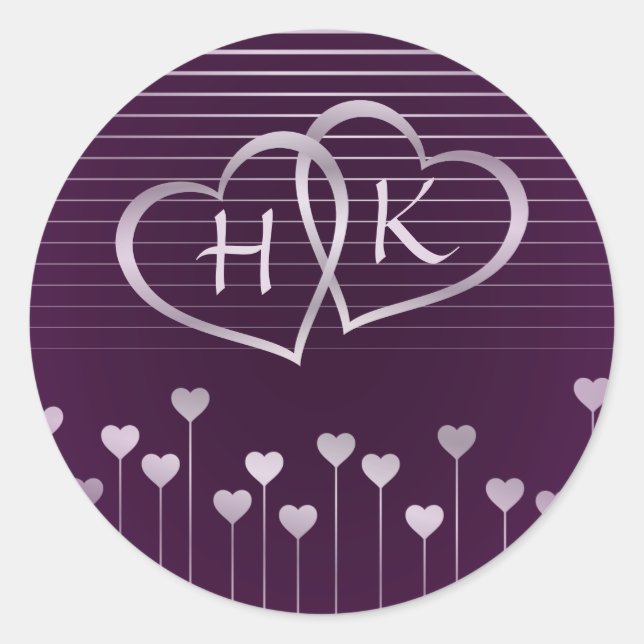 Purple & Silver Monogram Heart Classic Round Sticker (Front)