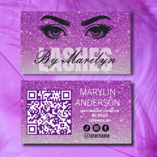 Purple Silver Ombre Glitter Lash Tech QR Code  Business Card