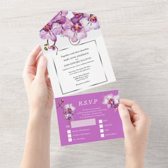 Purple silver orchid chic flower wedding luxurious all in one invitation (Tearaway)