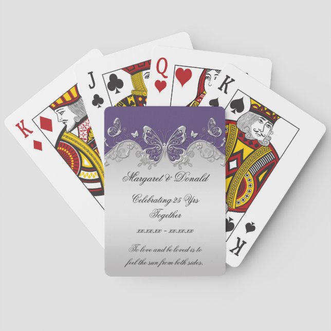 Purple Silver Ornate Butterflies 25th Anniversary Playing Cards (Back)