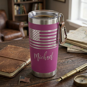 Purple Silver Patriotic American Flag Script Name Insulated Tumbler