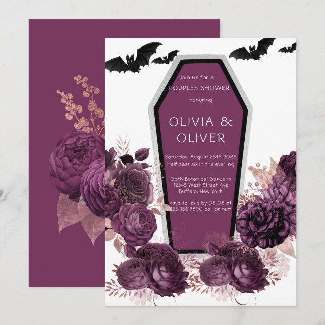  Purple Silver Peony Coffin Bats Couples Shower Invitation (Front/Back)