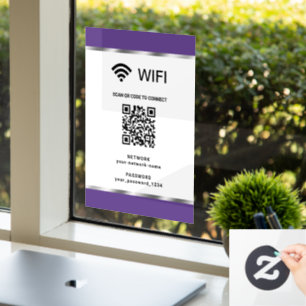 Purple Silver QR Code Wifi Network and Password Window Cling