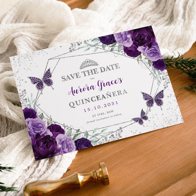 Purple Silver Quinceanera Floral Save the Date Announcement (Creator Uploaded)