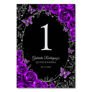 Purple Silver Quinceanera Table Number