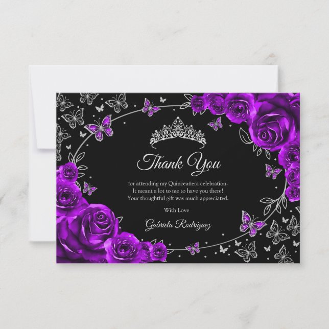 Purple Silver Quinceanera Thank You Card (Front)