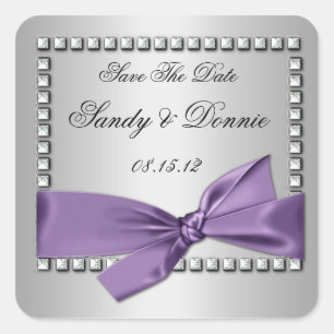 Purple Silver Ribbon Diamonds Save The Date Sticke Square Sticker