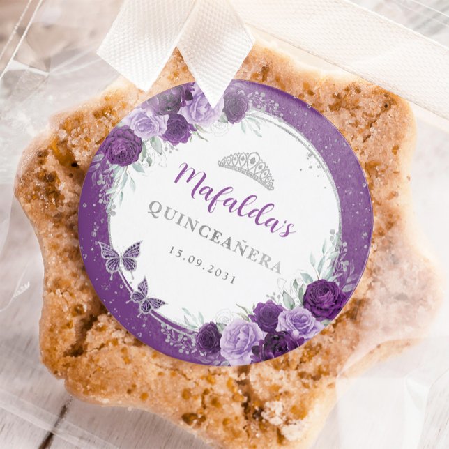 Purple Silver Roses Quinceanera Birthday Favours Classic Round Sticker (Creator Uploaded)