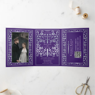 Purple Silver Royal Medieval Sword Wedding QR Code Tri-Fold Invitation