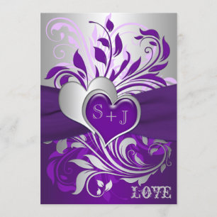 Purple Silver Scrolls, Hearts Wedding Invitation