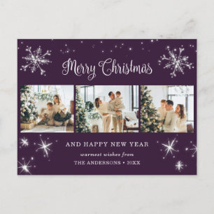 Purple Silver Snowflake Photo Collage Holiday Postcard