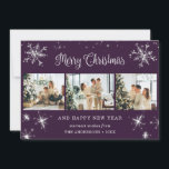 Purple Silver Snowflake Snow Photo Collage Holiday Card<br><div class="desc">Cute purple photo collage Merry Christmas and Happy New Year card featuring snowflakes and stars on the front and falling snow at the back. Easily personalize this elegant holiday card with your photos and text.</div>