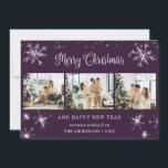 Purple Silver Snowflake Snow Photo Collage Holiday Card<br><div class="desc">Cute purple photo collage Merry Christmas and Happy New Year card featuring snowflakes and stars on the front and falling snow at the back. Easily personalize this elegant holiday card with your photos and text.</div>