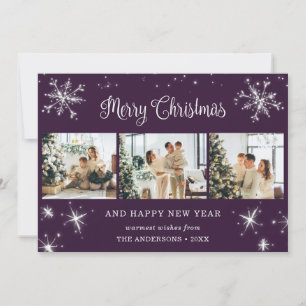Purple Silver Snowflake Snow Photo Collage Holiday Card