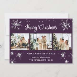 Purple Silver Snowflake Snow Photo Collage Holiday Card