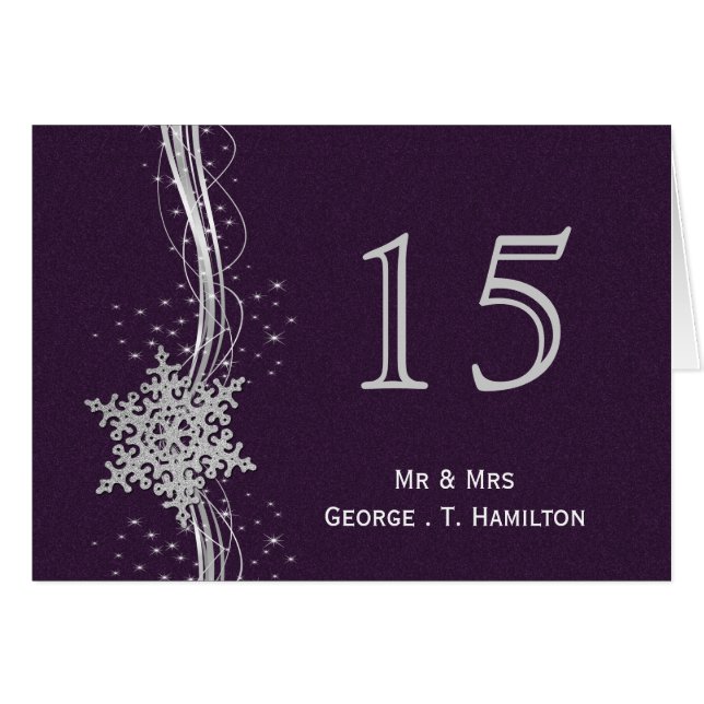 purple Silver Snowflakes wedding table numbers (Front Horizontal)