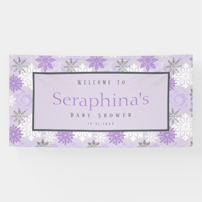 Purple Silver Snowflakes Winter Baby Shower Banner (Horizontal)