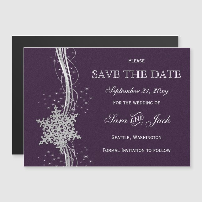purple Silver Snowflakes Winter  save the date Magnetic Invitation (Front/Back)