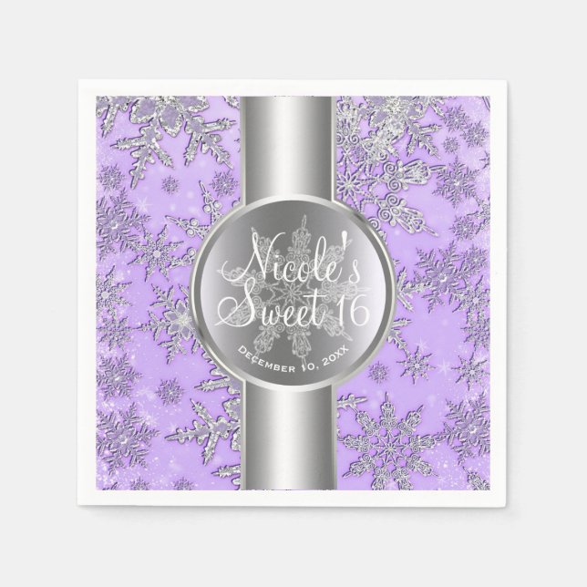 Purple Silver Snowflakes Winter Wonderland Party Napkin (Front)