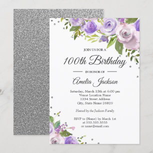 Purple Silver Sparkle Floral 100th Birthday Invite