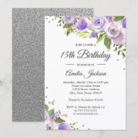 Purple Silver Sparkle Floral 15th Birthday Invite