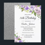 Purple Silver Sparkle Floral 16th Birthday Invite<br><div class="desc">More pretty floral Birthday Invitations in the Little Bayleigh Store!</div>