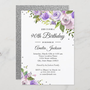 Purple Silver Sparkle Floral 90th Birthday Invite