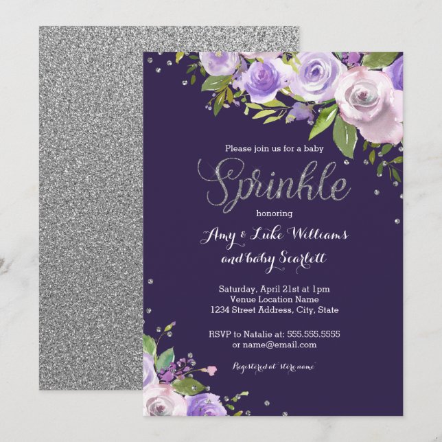 Purple Silver Sparkle Floral Sprinkle Baby Shower Invitation (Front/Back)