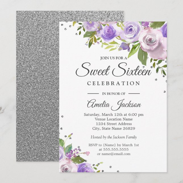 Purple Silver Sparkle Floral Sweet Sixteen Invite (Front/Back)