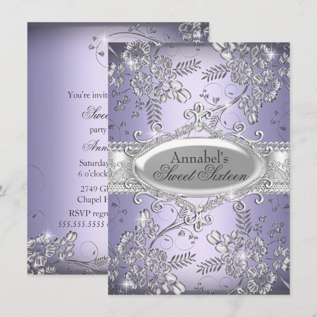 Purple Silver Sparkle Flower Sweet 16 Invite (Front/Back)