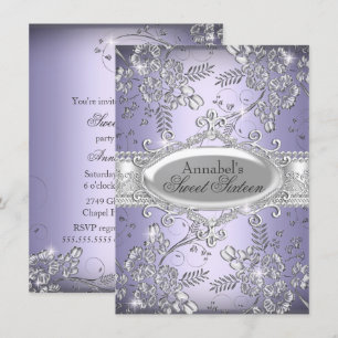 Purple Silver Sparkle Flower Sweet 16 Invite