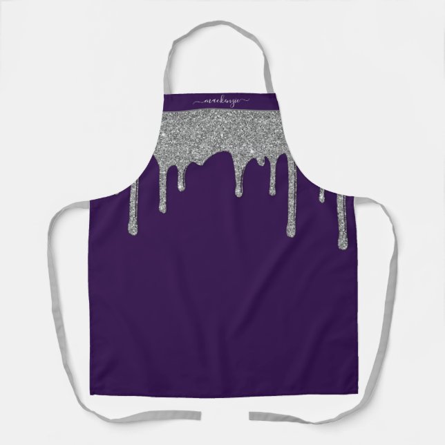 Purple Silver Sparkle Glitter Drips Personalized Apron (Front)