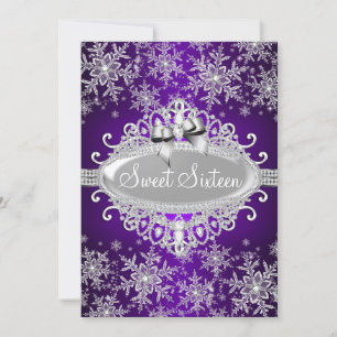 Purple Silver Sparkle Snowflake Sweet 16 Invite