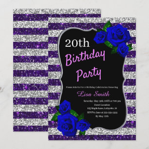 Purple Silver Stripes Glitter Deep Blue Roses Invitation