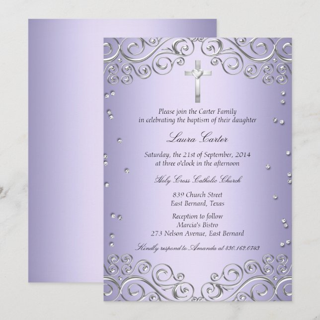 Purple Silver Swirl & Cross Baptism/Christening Invitation (Front/Back)