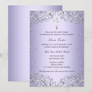 Purple Silver Swirl & Cross Baptism/Christening Invitation