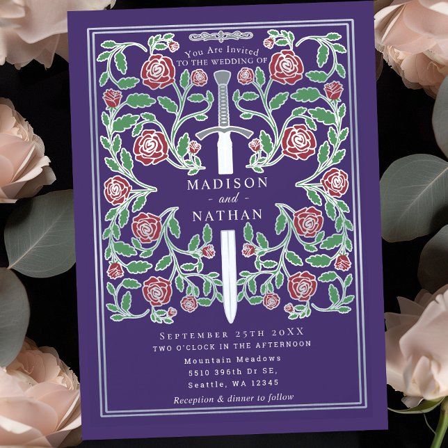 Purple Silver Sword Medieval Fantasy Wedding Invitation (Creator Uploaded)
