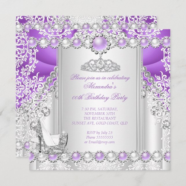 Purple Silver Tiara High Heel Pearl Birthday Invitation (Front/Back)