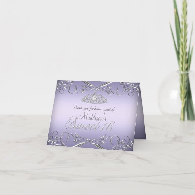 Purple & Silver Tiara Sweet 16 Cartes de remerciem (Devant)