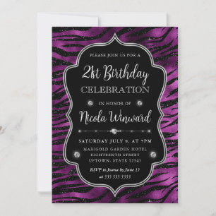 Purple Silver Tiger Stripes Glitter Frame Birthday Invitation